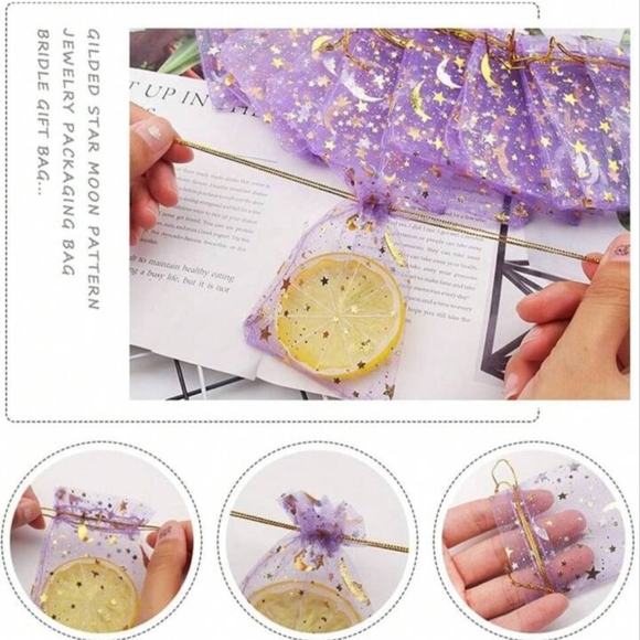 20pcs Purple Organza Gift Bags with Gold Stars and Moons - Picture 4 of 4